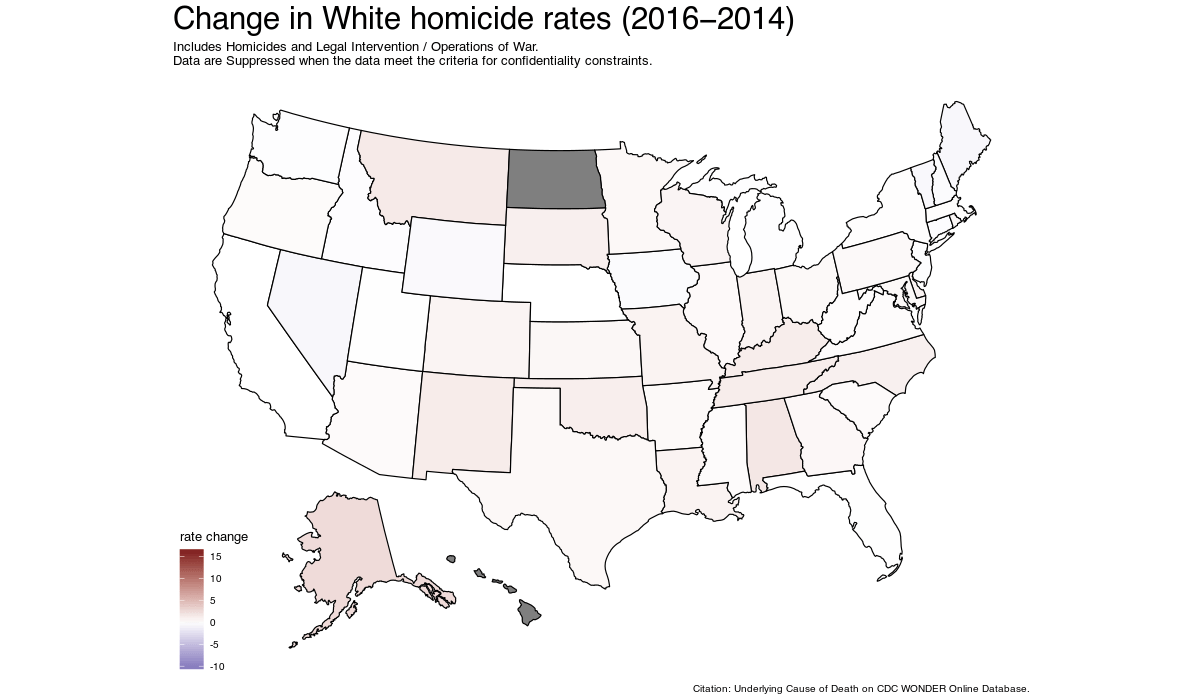 Map of increase in White homicide rates after Ferguson