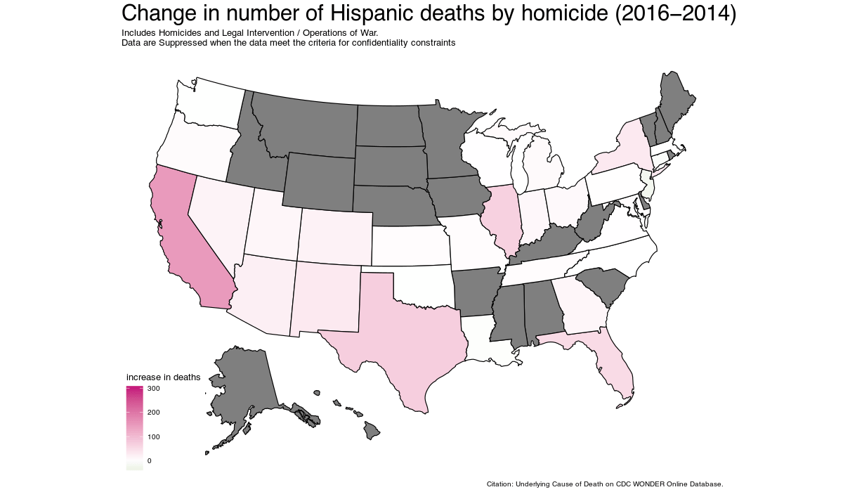 Map of increase in Hispanic homicide deaths after Ferguson