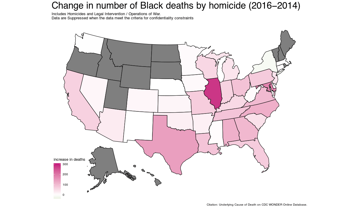 Map of increase in Black homicide deaths after Ferguson