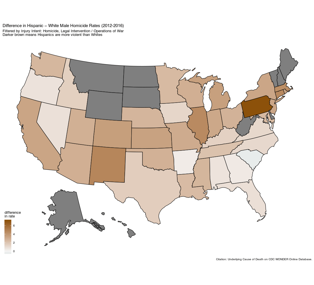 Map of the difference between Hispanic and White homicide rates