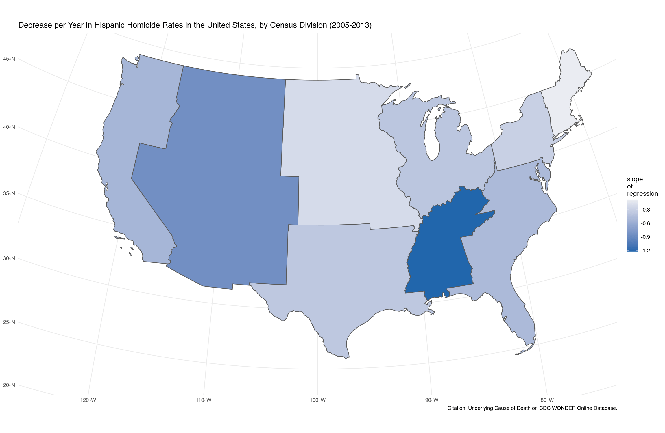 Map of the decline in Hispanic homicides by census division