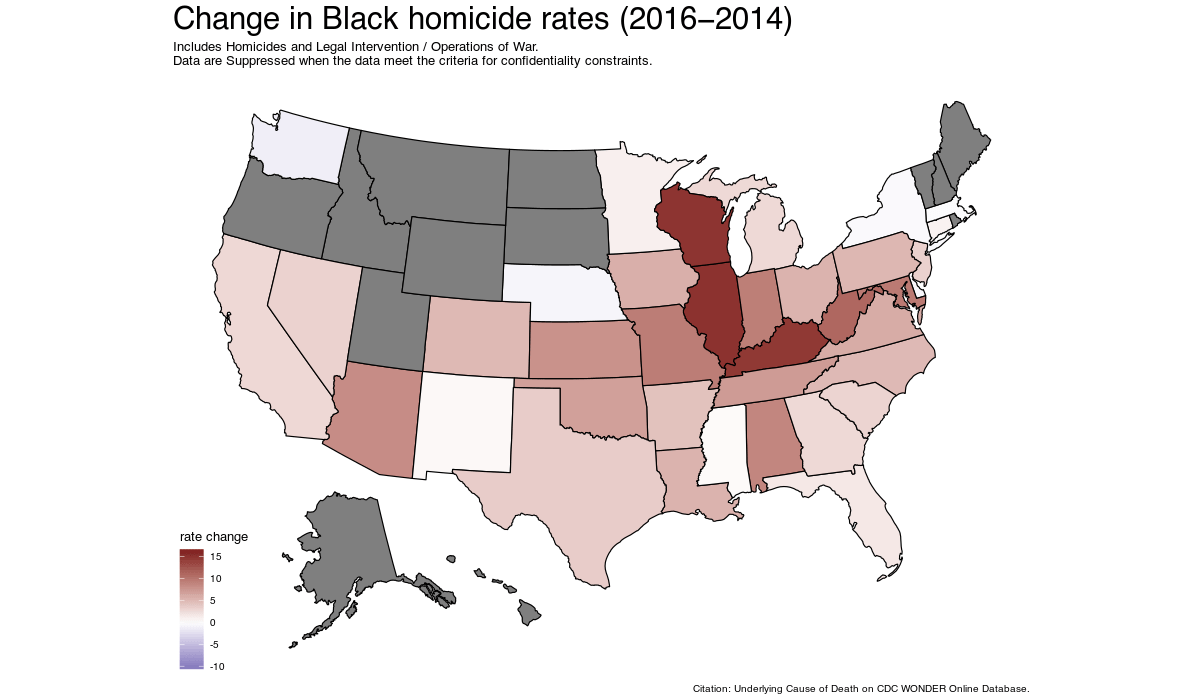 Map of increase in Black homicide rates after Ferguson