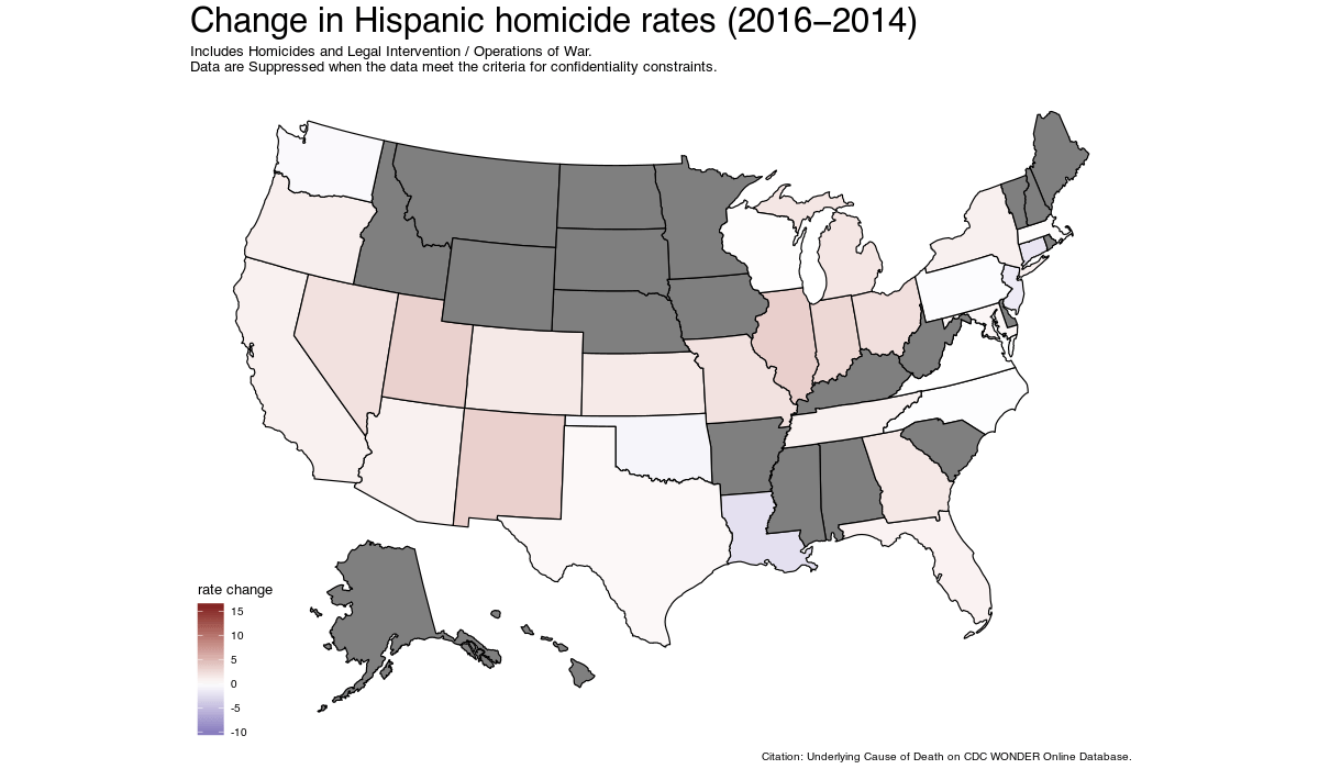 Map of increase in Hispanic homicide rates after Ferguson