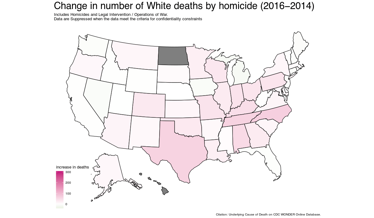 Map of increase in White homicide deaths after Ferguson